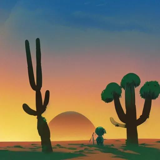 Prompt: sunset in the desert, fantasy art, illustration, animated film, by studio ghibli