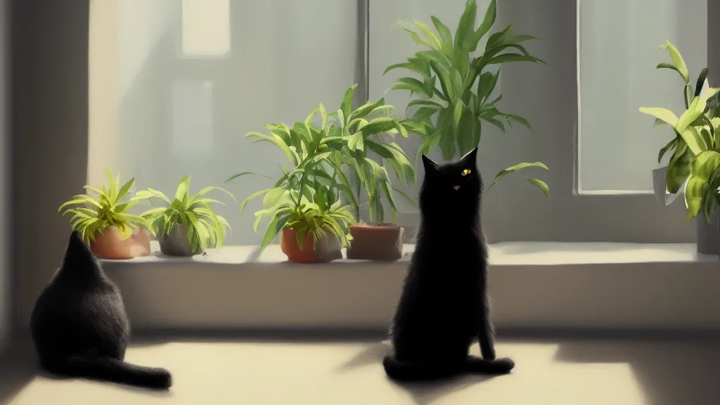 Image similar to peaceful dreamy oil painting of a content black cat sitting by a window and looking outside, sunshine coming through the window, small plants on the window sill, 8k, hyper realism, trending on artstation, octane render