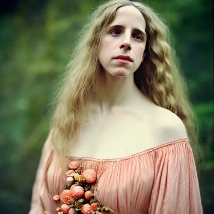 Prompt: Kodak Portra 400, 8K, soft light, volumetric lighting, highly detailed, brit marling style 3/4 ,portrait photo of a beautiful woman how pre-Raphaelites painter, n long elegant intricate ornamental ethereal coral and shells dress, natural skin tone, highly detailed realistic flowers ornament in the upper side of breast, bust with a long beautiful neck , long dark hair are intricate with highly detailed realistic coral and shells, elegant, Realistic, Refined, Highly Detailed, natural outdoor soft pastel lighting colors scheme, outdoor fine art photography, Hyper realistic, photo realistic