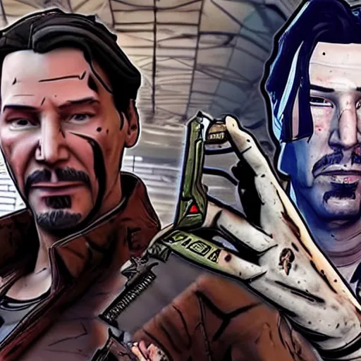 Prompt: Screenshot from new Borderlands Matrix crossover DLC featuring Keanu Reeves as Neo, 8k photorealistic