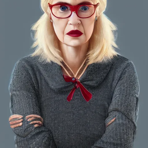 Prompt: a severe middle aged french woman with blonde hair tied in a strict bun, spectacles, lots of makeup, rich, character portrait, digital art, high quality, 8 k, detailed, d & d character,