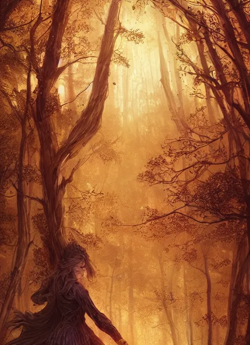 Image similar to golden forest at background, creative!!! composition for a book cover, absurdly beautiful, ultrafine hyperrealistic detailed old witch face by wlop and artgerm and greg rutkowski, intricate linework, sharp focus, smooth, octopath traveler, final fantasy, unreal engine, dramatic lighting, ethereal, 8 k