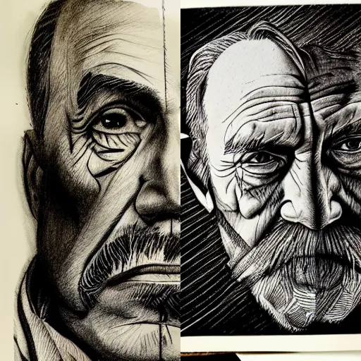 Prompt: portait of old man, studio light, realistic, ink, line drawing, sketch, fineart