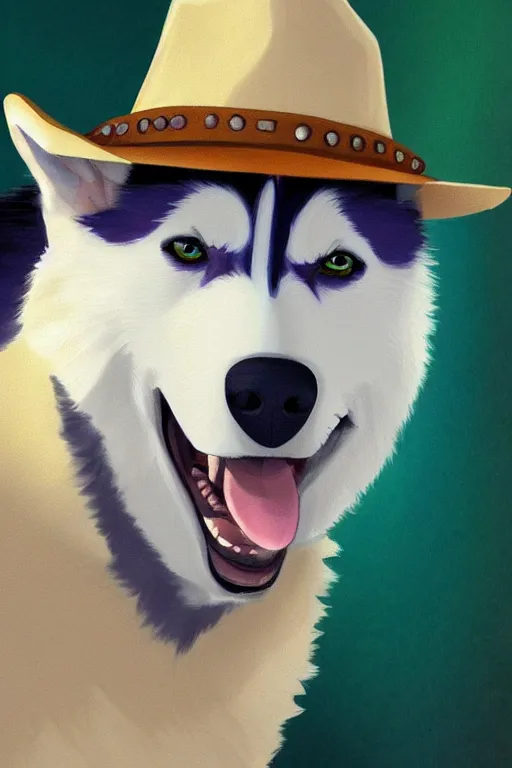 Image similar to a portrait painting of a husky in cowboy costume, wearing a cowboy hat, by [ studio ghibli ], in the style of anime, [ western film ], trending on artstation