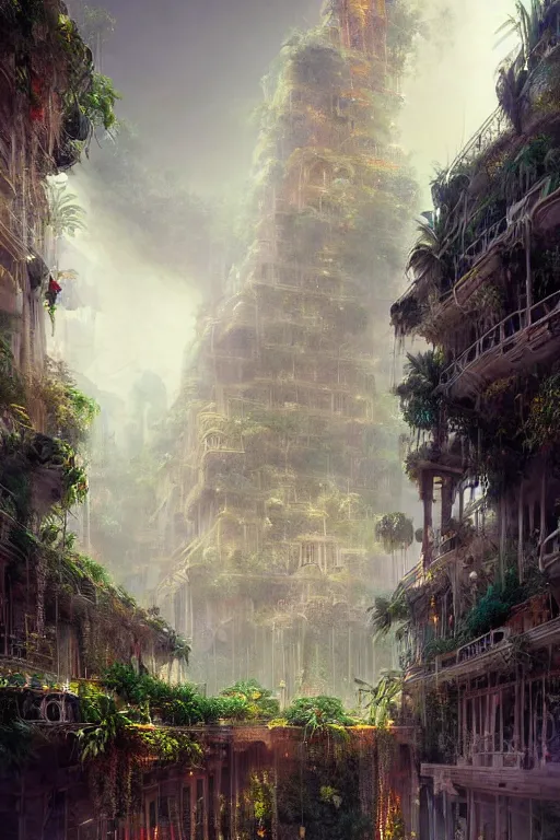 Image similar to magnificent view of the hanging gardens of babylon, intricate, elegant, volumetric lighting, digital painting, highly detailed, artstation, sharp focus, illustration, concept art, ruan jia, steve mccurry