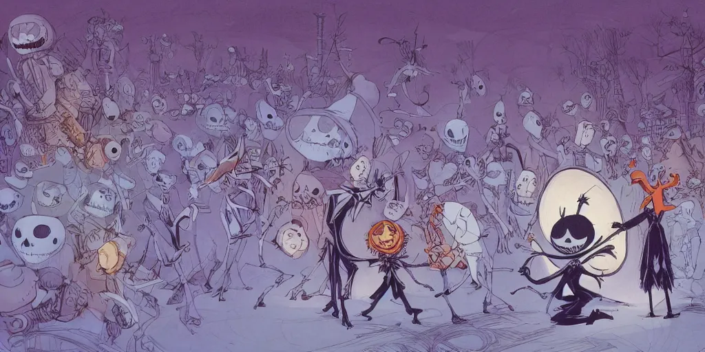 Image similar to a study of cell shaded cartoon of a scene from tim burtons nightmare before christmas, illustration, wide shot, muted colors, concept art by josan gonzales and wlop, by james jean, victo ngai, david rubin, mike mignola, laurie greasley, highly detailed, sharp focus, trending on artstation, hq, deviantart, art by artgem