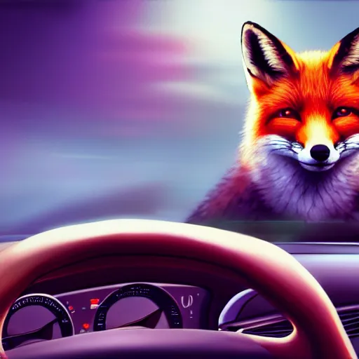 Prompt: a fox driving a car in the drivers seat with paws on the steering wheel, portrait, fantasy, beautiful face, vivid colors, elegant, concept art, sharp focus, digital art, Hyper-realistic, 4K, Unreal Engine, Highly Detailed, HD, Dramatic Lighting by Brom, trending on Artstation