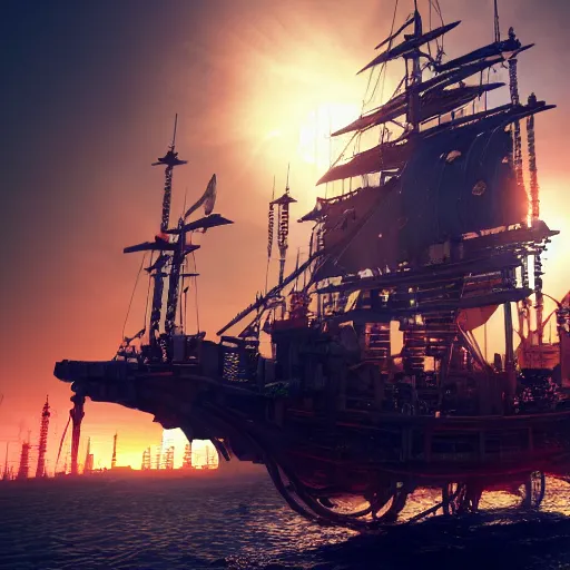 Image similar to high quality photo of a pirate ship in a cyberpunk cyberpunk cyberpunk city, realism, 8k, award winning photo