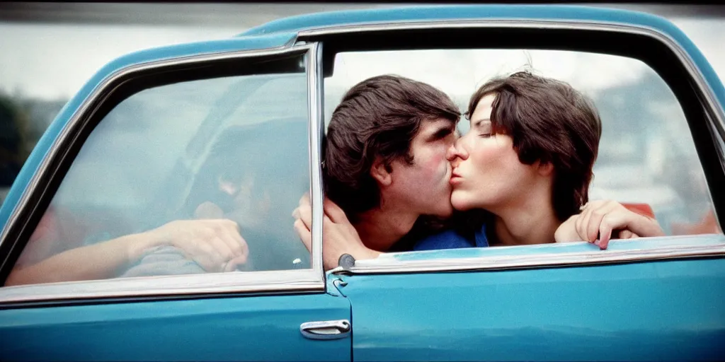 Image similar to 1 9 7 0 s car window closeup, young man and woman kissing in the back seat, coloured film photography, elliott erwitt photography