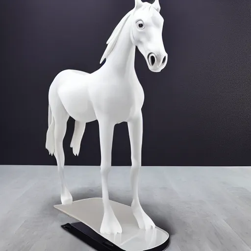 Prompt: cinematic photoshoot of clean modern hand crafted super futuristic tech horse sculpture pro display xpr luxury smooth color metal white silver with black leather padding well design ultrareallistic detailed high quality 8 k photorealistic ultra realistic