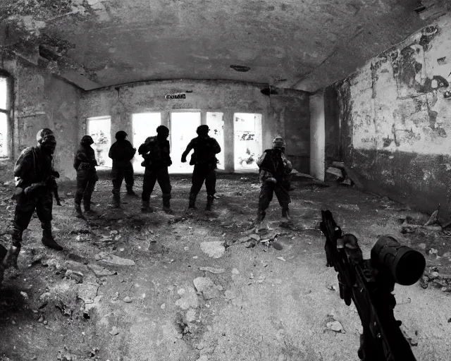 Prompt: game screenshot of a group of soldiers in an abandoned church, high exposure, dark, monochrome, camera, grainy, CCTV, security camera footage, timestamp, zoomed in, fish-eye lense, source engine footage, L4D screenshot, steam community