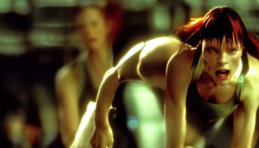 Image similar to The matrix, LeeLoo, Starship Troopers, Clarice Starling, The Olympics footage, hurdlers in a race, intense moment, cinematic stillframe, shot by Roger Deakins, The fifth element, vintage robotics, formula 1, starring Geena Davis, clean lighting