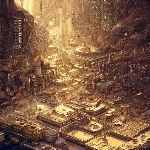 Image similar to gold and silver tones, cybernetic cat village, style of moebius, james jean, rutkowski, cinematic, high detail, award winning, 8 k photorealistic