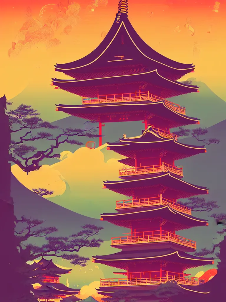 Image similar to a travel poster illustration depicting a japanese pagoda, vintage style, detailed illustration, digital painting, vector art, trending on artstration, by anton fadeev, by alena aenami