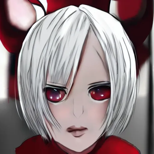 Image similar to white hair, red eyes, two small horn on the head, anime style, anime girl