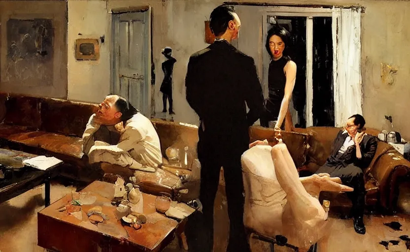 Image similar to a thin man cowers in a corner whilst his wife stands on a coffee table in a dark living room, painted by phil hale and rick berry and norman rockwell and jeremy mann, highly detailed