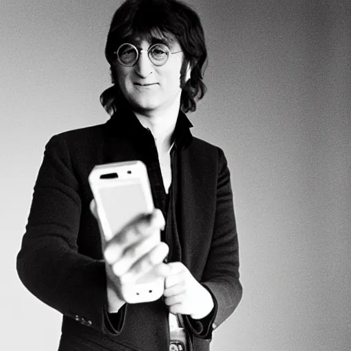 Image similar to photo of john lennon holding a smartphone in his hand
