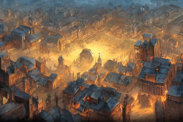 Prompt: A giant medieval city with big walls and big defensive structures, the houses have blue roofs and a big rivers flows through the heart of the city, gigantic scale, dynamic lighting, cinematic, concept art, trending on artstation