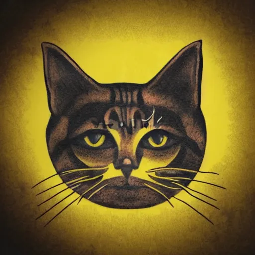 Image similar to tattoo sketch of a cat hugging the sun, on a yellow paper, ornament maori, minimalism, vector