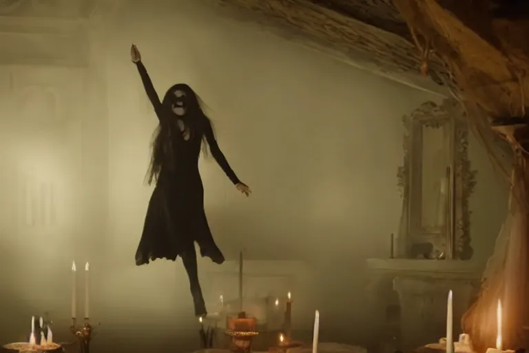 Prompt: VFX movie of levitating ascending beautiful goth woman in the decadent attic, demonic magic ritual, candles, glowing eyes, atmospheric natural lighting at night by Emmanuel Lubezki