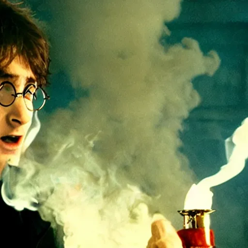 Image similar to harry potter exhaling a huge smoke cloud from his magical wizard bong, film still, cinematic lighting