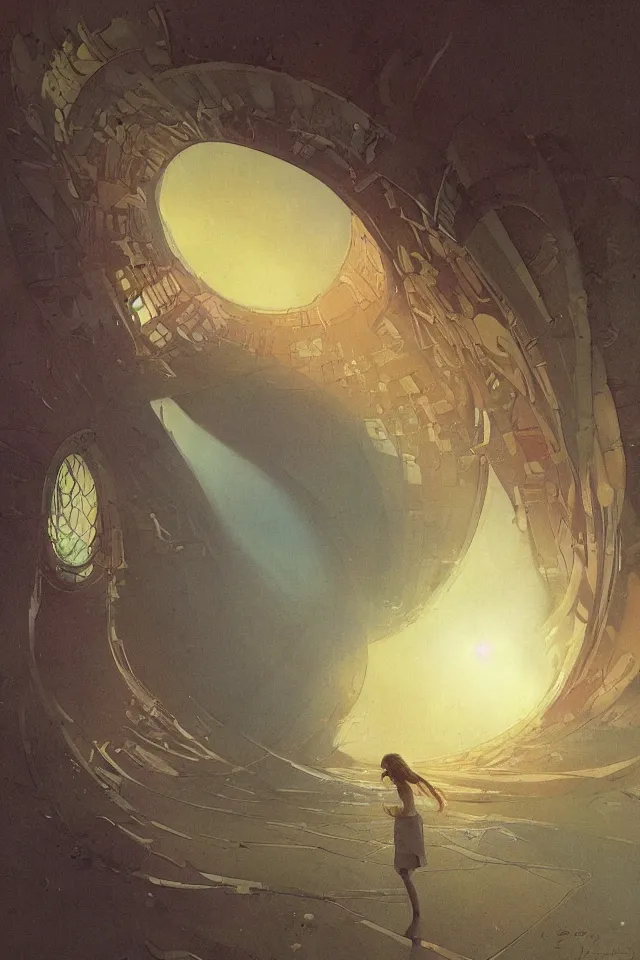 Prompt: sci fi painting of a giant seashell house, a young girl stares from the balcony, by john harris and moebius, atmospheric, concept art