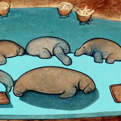 Prompt: a group of seven manatees sitting around a table that has a lot of food on it