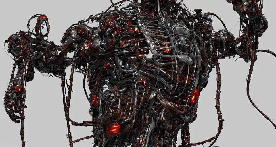 Prompt: Techno-biological rusty robot geisha consisting of veins, bones, kidneys, wires. Biopunk, body armor, high detail, photorealism, full length view, concept art, Dan Mumford, Quixel Megascans, octane render, 16k, 8k