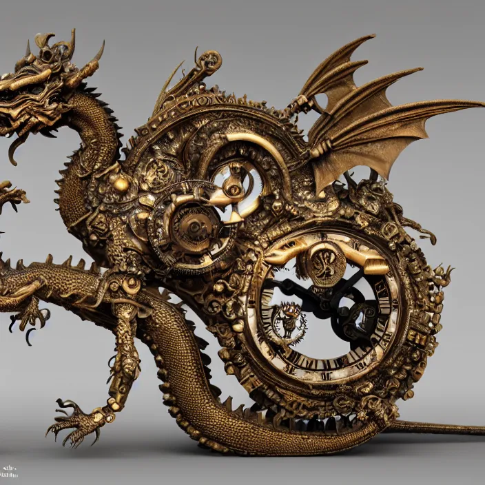 Prompt: highly detailed ancient clockwork artifact depicting a dragon made of bronze and ivory and encrusted with precious jewels, beautiful patina, ethereal, esoteric, zbrush sculpt, octane render, intricate, ornate, cinematic lighting, hyperrealistic, ancient steampunk vibe