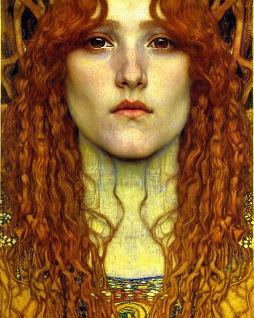 Image similar to detailed realistic beautiful young medieval queen face portrait by jean delville, gustav klimt and vincent van gogh, art nouveau, symbolist, visionary, gothic, pre - raphaelite, muted earthy colors, desaturated