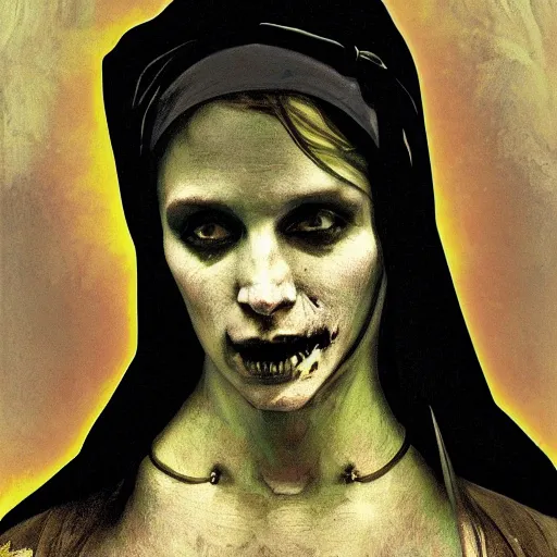 Prompt: A Black background portrait of A zombie nun glowing black by greg rutkowsk and alphonse mucha,In style of digital art illustration.Dark Fantasy,Rembrandt lighting,Ray tracing,hyper detailed,sharp focus,Soft light.trending on artstation.4k