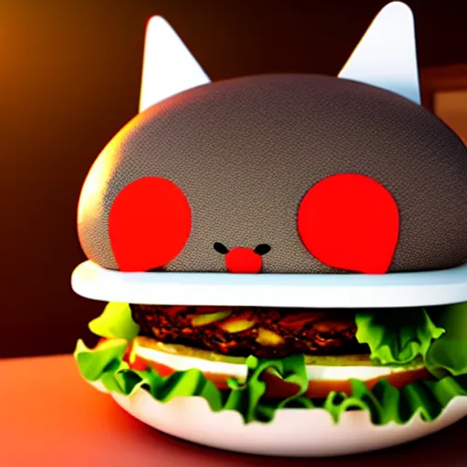 Image similar to a cat / burger hybrid, with fries, volumetric lighting, 4 k