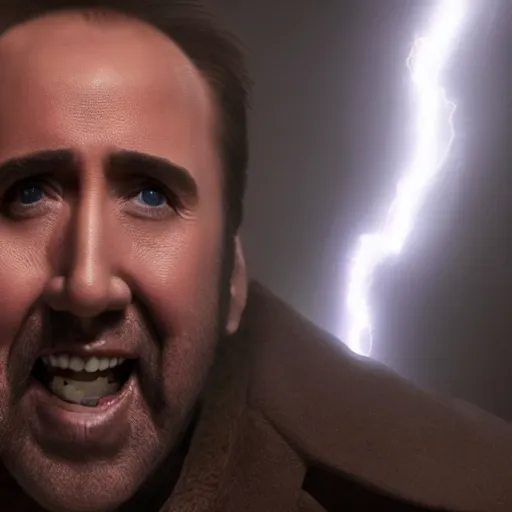 Prompt: glamour photo shot of nicolas cage with crazy grin and dramatic lightning and backlightning, bladerunner 2 0 4 9, highly detailed