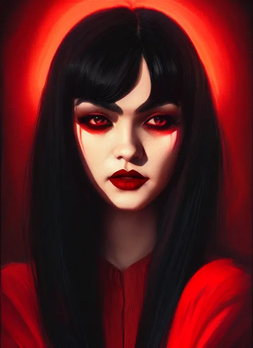 Image similar to portrait of vampire veronica lodge with bangs, vampire fangs, vampire, long hair, red clothes, bangs, vampironica, intricate, elegant, glowing lights, highly detailed, digital painting, artstation, concept art, smooth, sharp focus, illustration, art by wlop, mars ravelo and greg rutkowski