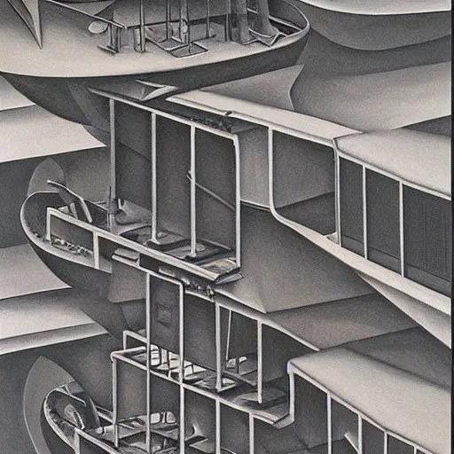 Image similar to mothership loading dock oil painting by MC Escher, hyperrealism