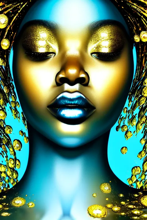 Image similar to hyperrealistic precisionist cinematic profile very beautiful! black oshun goddess, dancing in water!, mirror dripping droplet!, gold flowers, highly detailed face, digital art masterpiece, smooth eric zener cam de leon, dramatic pearlescent turquoise light on one side, low angle uhd 8 k, shallow depth of field