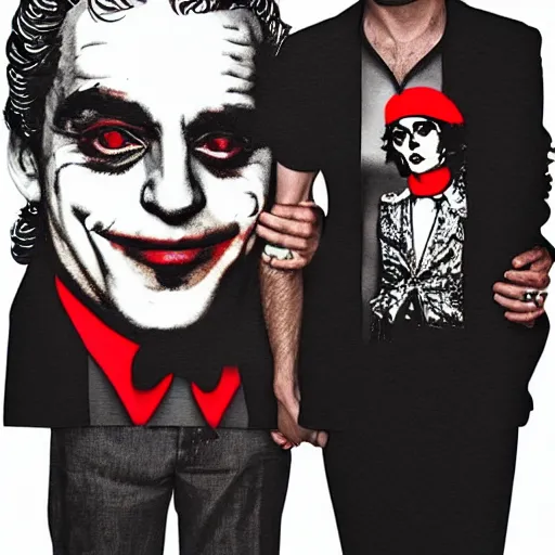 Image similar to mimmo rottela and banksy as joaquin phoenix skinny joker holding hand lady gaga harley queen, photorealistic, intricate details, pop art style, baroque, hyperdetailed