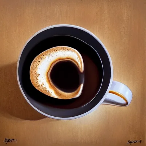 Prompt: a cup of coffee with fractal cream swirls on a wooden table, a hyperrealistic painting by sam spratt, trending on cgsociety, fantasy art, chalk art, hyper realism, hyper - realistic