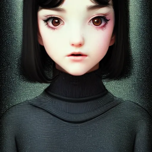 Image similar to beautifully pretty stoner girl, black sweater, grey skirt, red eyes, glittery short black hair, blue eyes, universal volumetric lighting, soft glow, by ilya kuvshinov, claude monet, range murata, artgerm, norman rockwell, alphonse mucha, highly detailed intricately sharp focus, trending on pinterest, unreal engine 5 4 k uhd image