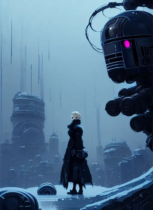 Image similar to highly detailed portrait of a moody frostpunk long blonde hair lady with droid companion, stray wiring by atey ghailan, james gilleard, by joe fenton, by greg rutkowski, by greg tocchini, by kaethe butcher, 4 k resolution, gradient blue, black and white color scheme!!! ( ( glaciated dystopian city background ) )