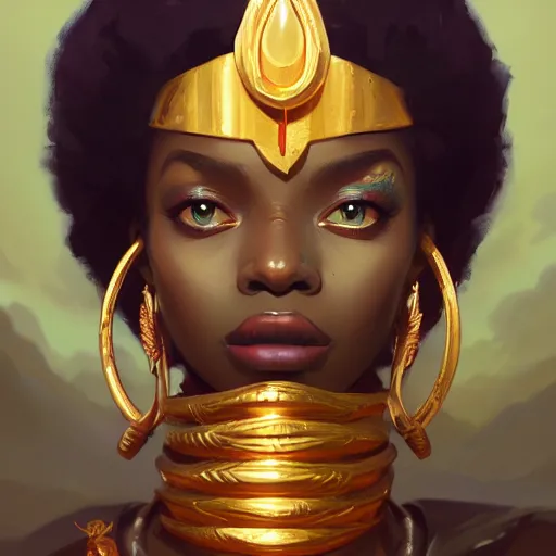 Prompt: portrait of mel medarda from arcane, dark skin, gold jewelry, african princess, art by pete mohrbacher and guweiz and ilya kuvshinov, digital art, highly detailed, intricate, sharp focus, trending on artstation hq, deviantart, unreal engine 5, 4 k uhd image