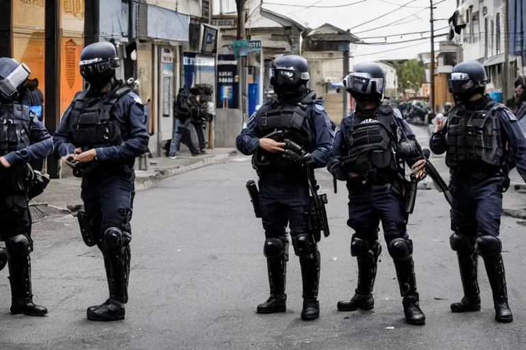 Image similar to cinematography riot police on the street in small town by Emmanuel Lubezki