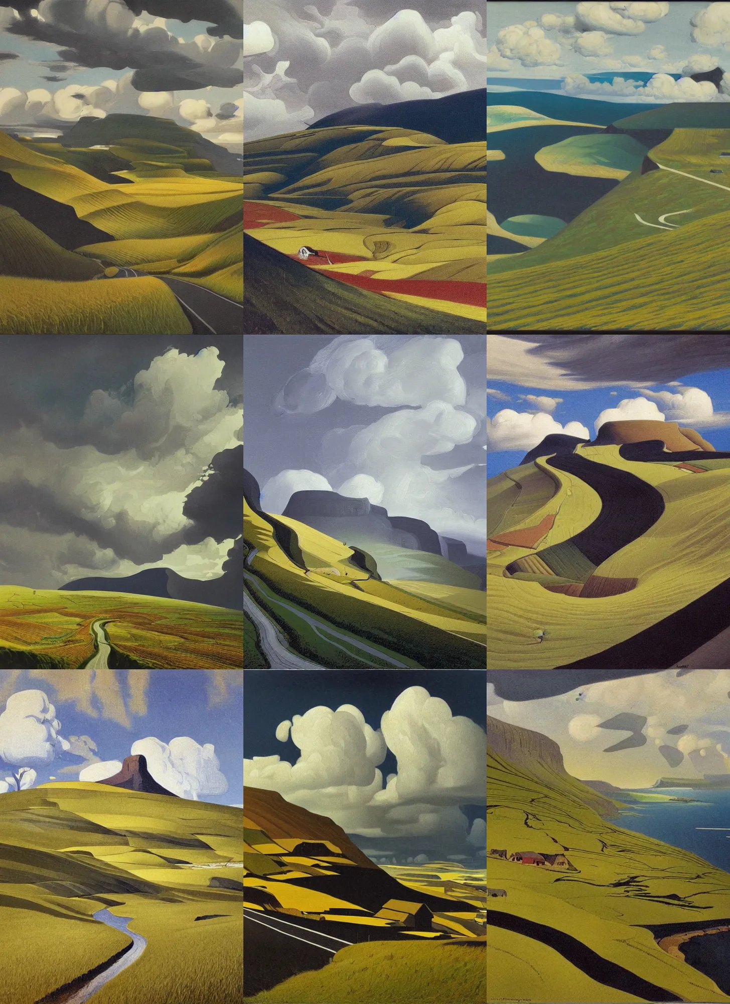 Prompt: painting of landscape of faroe, road between hills, surreal sky, thunder clouds, forest, blossom wheat fields, pastoral, from a bird's eye view, unsaturated and dark atmosphere, artwork by georgy nissky and alfred joseph casson and isaac levitan