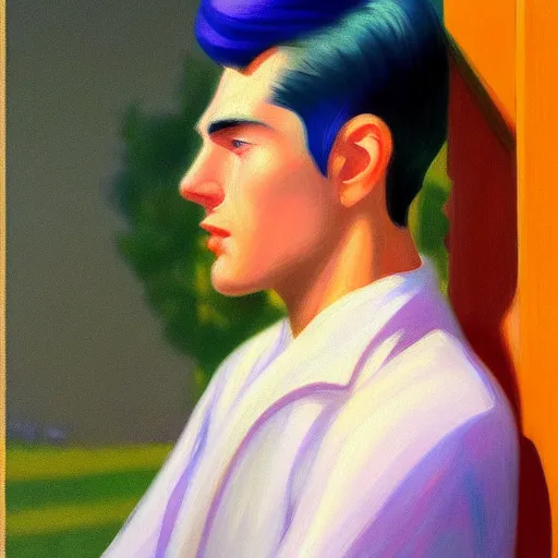 Prompt: A beautiful close-up of a young man with WHITE HAIR long and wavy, dressed like in the 1940s, digital art by Edward Hopper, vibrant color scheme, highly detailed, in the style of romanticism, fine Art, high detail, great lighting, 8k resolution, masterpiece, concept art, illustration, clear eyes, soft lighting, soft details, painting oil on canvas, octane render, HDR, trending on artstation, 4k, 8k, HD
