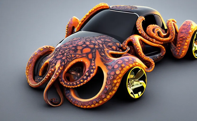 Prompt: car made of octopus, luxury HD render, sports car with tentacles, car made of shiny octopus flesh, half car half octopus, 4k