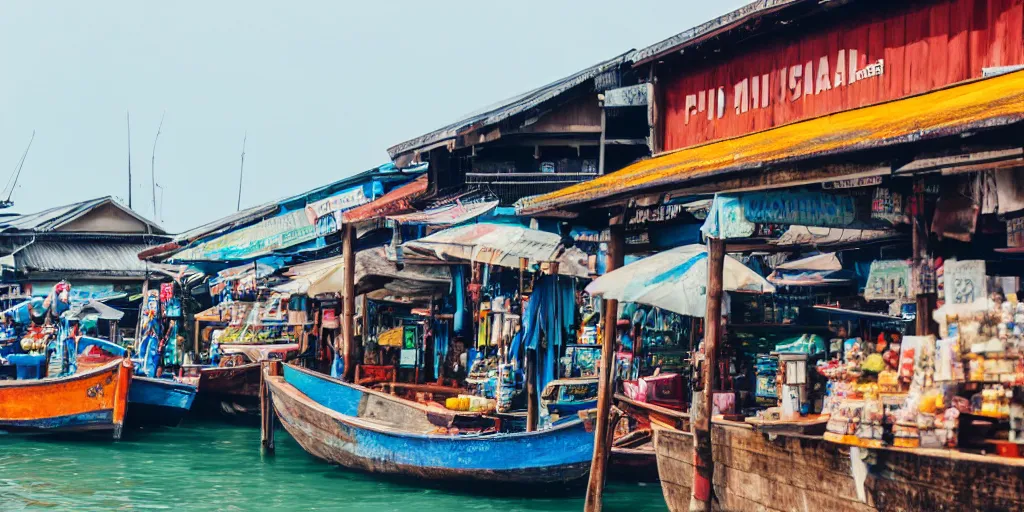 Prompt: close - up of shops at pulau indah fishing village, near a jetty, early morning, detailed matte painting, low angle view, telephoto lens, bokeh, studio ghibli, artstation