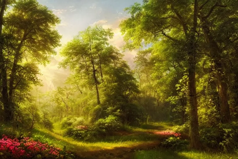 Image similar to lush forested landscape dense with trees and flowers, sunbeams streaming through the foliage, dreamy realism