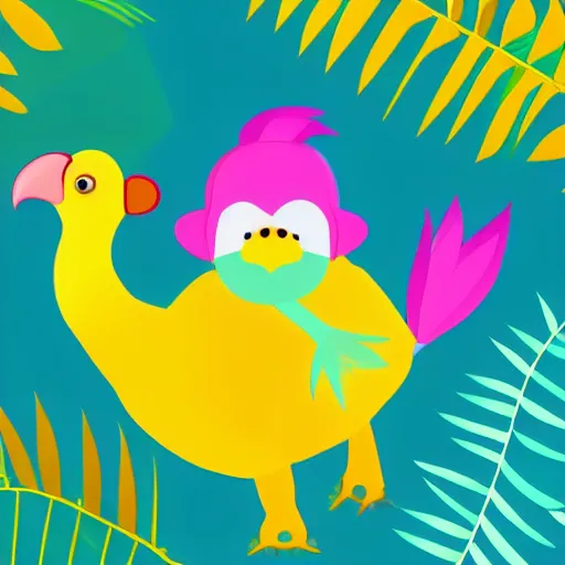 Prompt: cute digital illustration of an antropomorphic dodo bird. super cute. tropical. colorful.