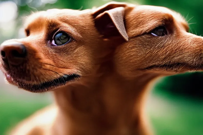 Image similar to closeup potrait of a small brown dog licking its nose in central park, natural light, sharp, detailed face, magazine, press, photo, Steve McCurry, David Lazar, Canon, Nikon, focus