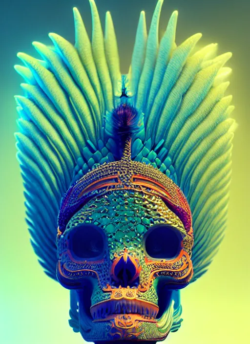 Prompt: a wlop 3 d portrait of a goddess, 8 k micro details beautiful intricate highly detailed quetzalcoatl skull and feathers. bioluminescent, fire, snow, thunderstorm! artwork by tooth wu and wlop and beeple and greg rutkowski, trending on artstation,